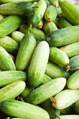 Asya tarzı sebze, taze pazarda salatalık yığını kapat