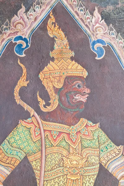 Sztuka malowania tradycyjnego stylu tajskiego na ścianie świątyni w watphrakae — Zdjęcie stockowe