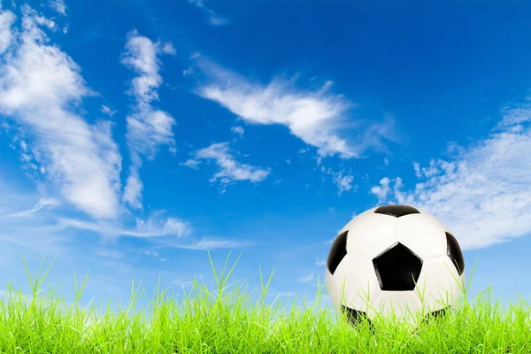 Футбольный мяч на зеленой траве с голубым небом — стоковое фото