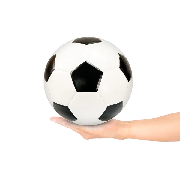 Hand holding soccer ball — Stock Photo, Image