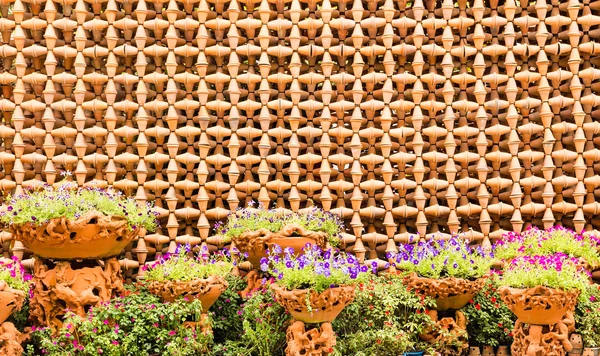 Kleurrijke bloemen met decoratieve muur — Stockfoto