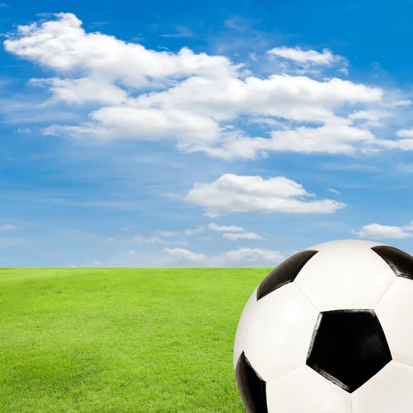 Fotbalový míč s zelené louky proti modré obloze — Stock fotografie