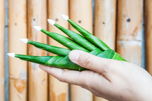 Sostenga una parte de la ofrenda de arroz de hoja de plátano — Foto de Stock