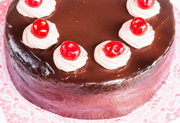 Home made chocolate cake with cherry and whipped cream — Stock Photo, Image