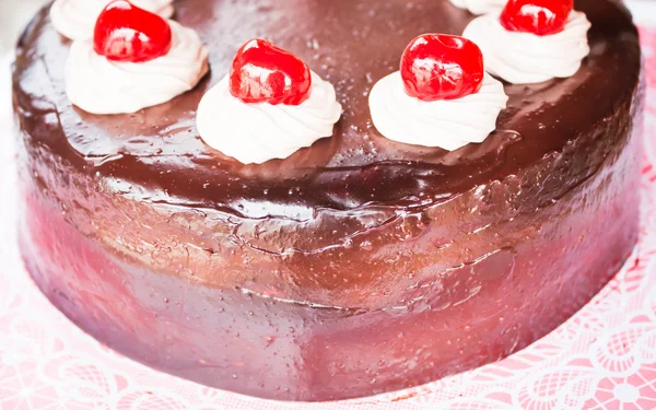 Fresh bake chocolate cake with cherry and whipped cream — Stock Photo, Image