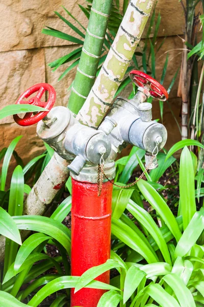 Red metallic fire hydrant in green resort — Stock Photo, Image