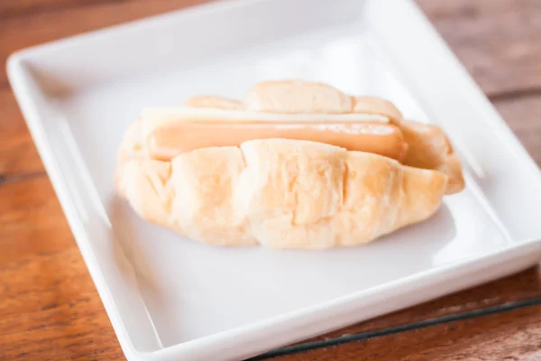 Easy break with croissant filling sausage and cheese — Stock Photo, Image