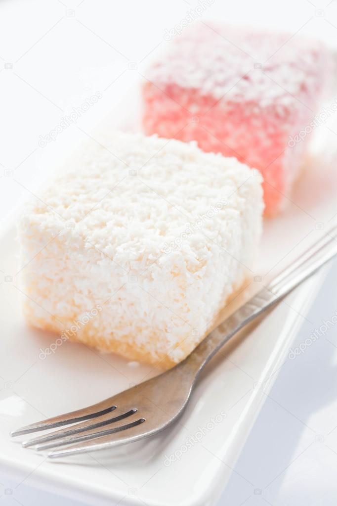Close up lamington sponge cakes and fork