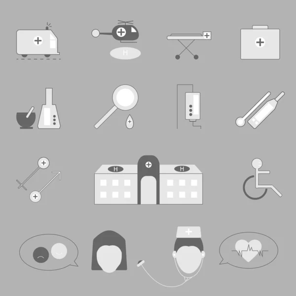 Nemocnice a nouzové ikony na šedém pozadí — Stockový vektor