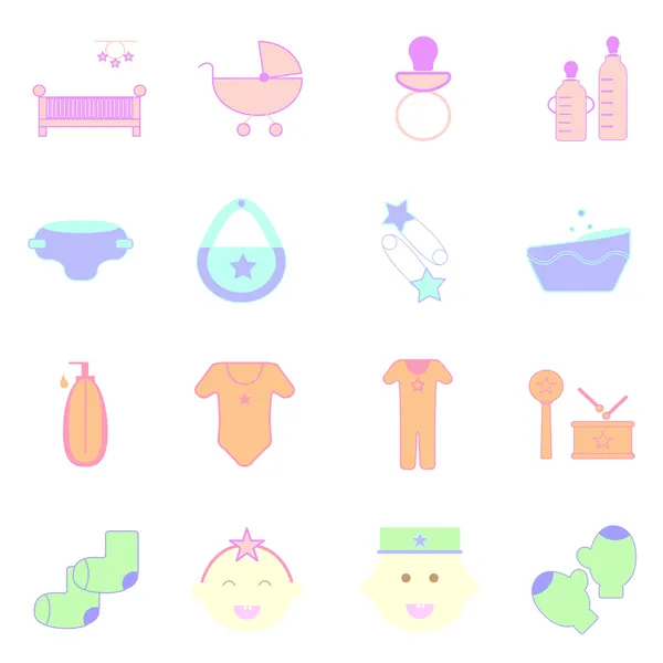Beyaz arka plan üzerinde bebek pastel renk Icons set — Stok Vektör