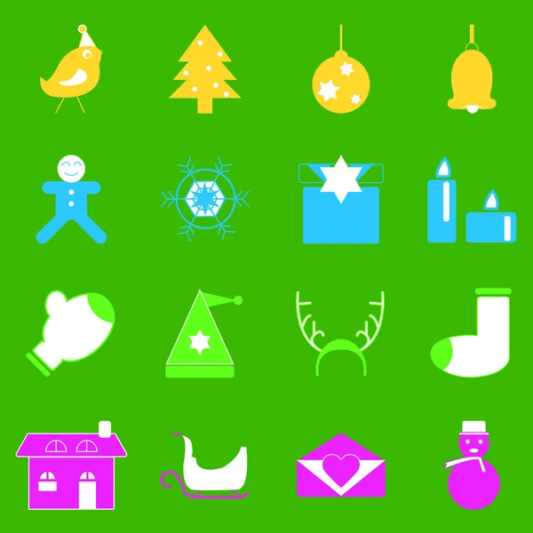 Ícones coloridos de Natal no fundo verde — Vetor de Stock