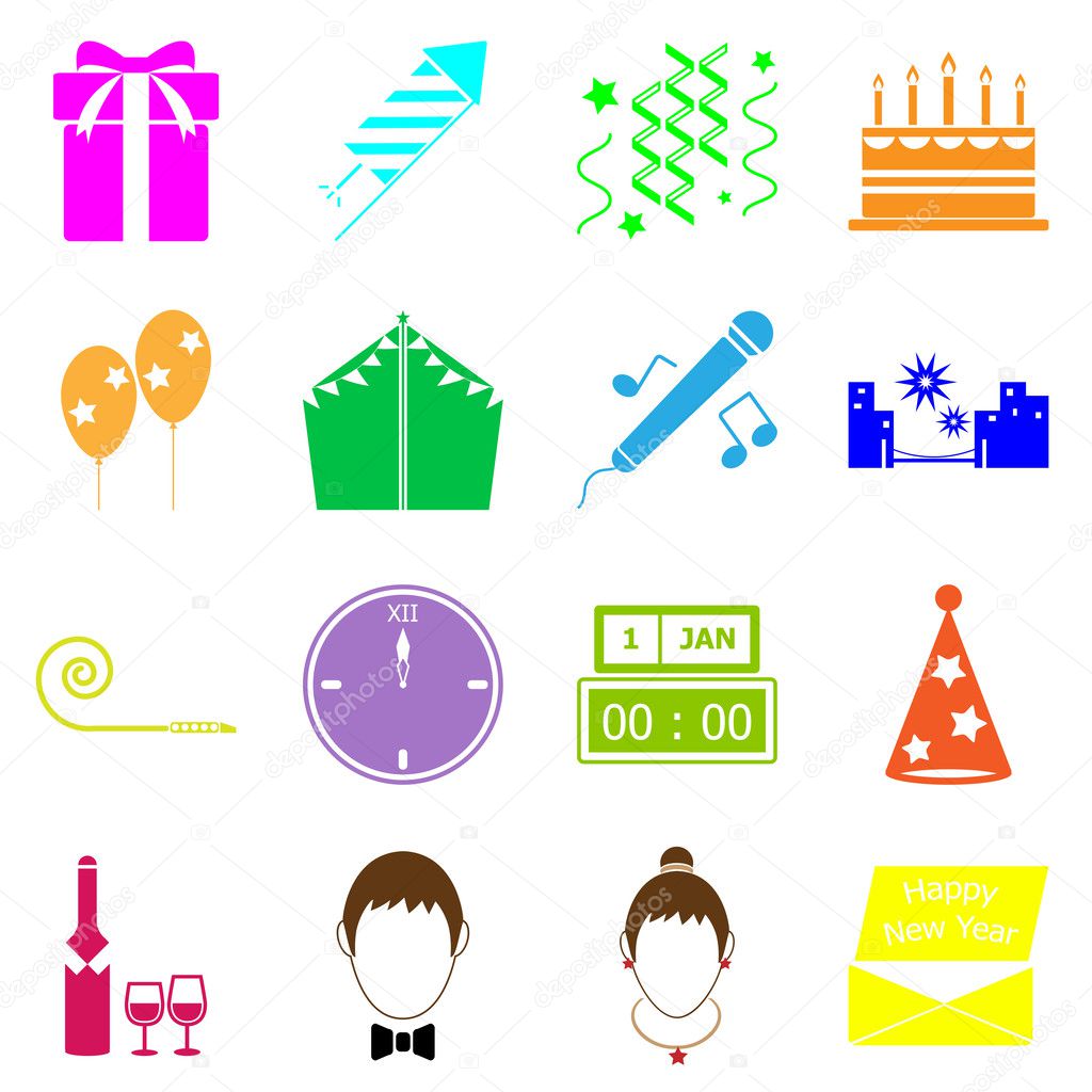 New year colorful icons on white background