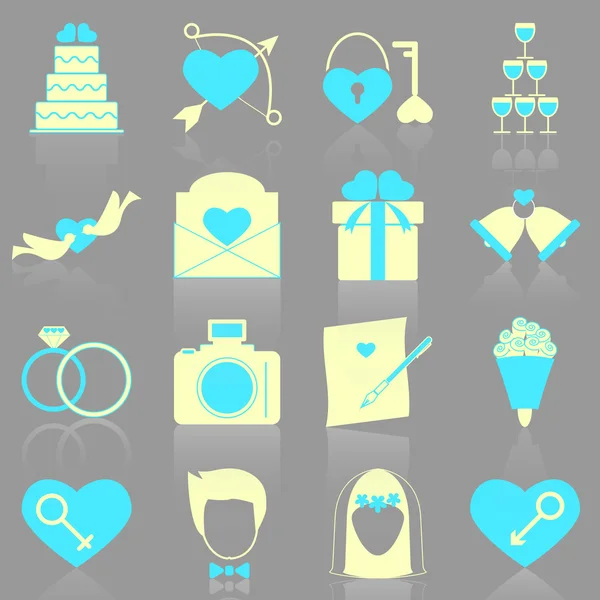 Wedding icons with reflect on gray background — Stock Vector