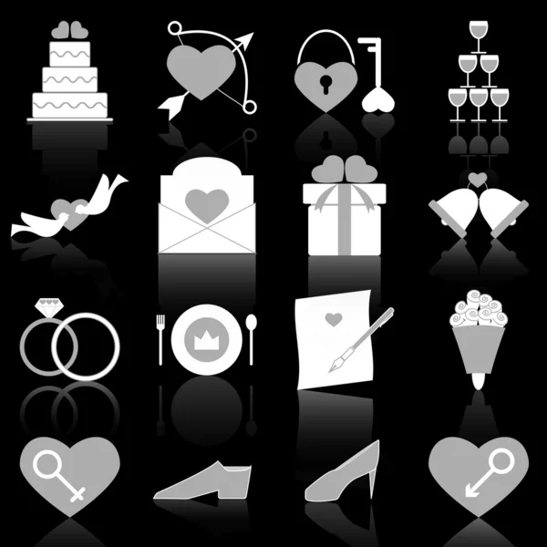 Wedding icons with reflect on black background — Stock Vector