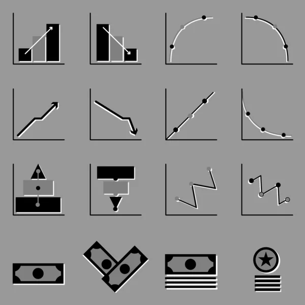 Gráfico e ícones de dinheiro em fundo cinza — Vetor de Stock