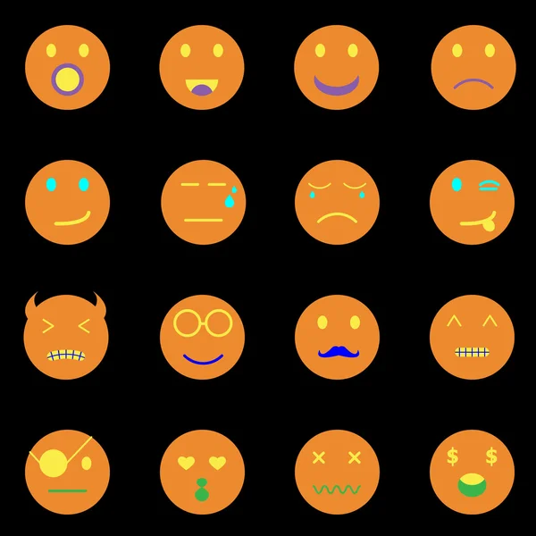 Känslor runt ansikte ikoner på svart bakgrund — Stock vektor