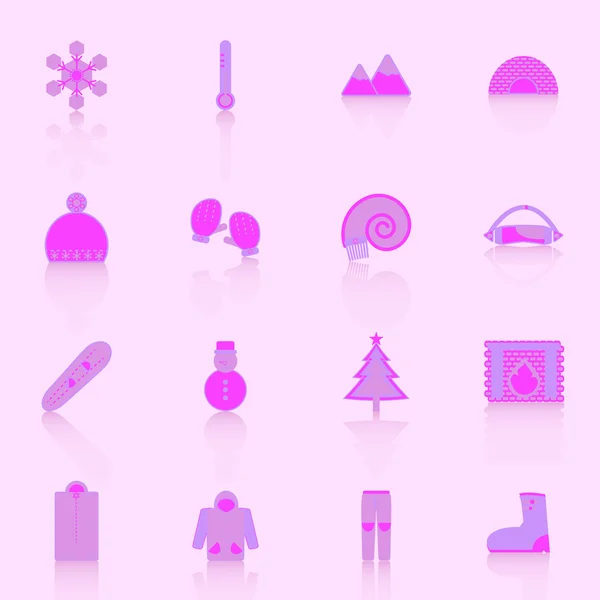 Winter icons with reflect on pink background — Stock Vector