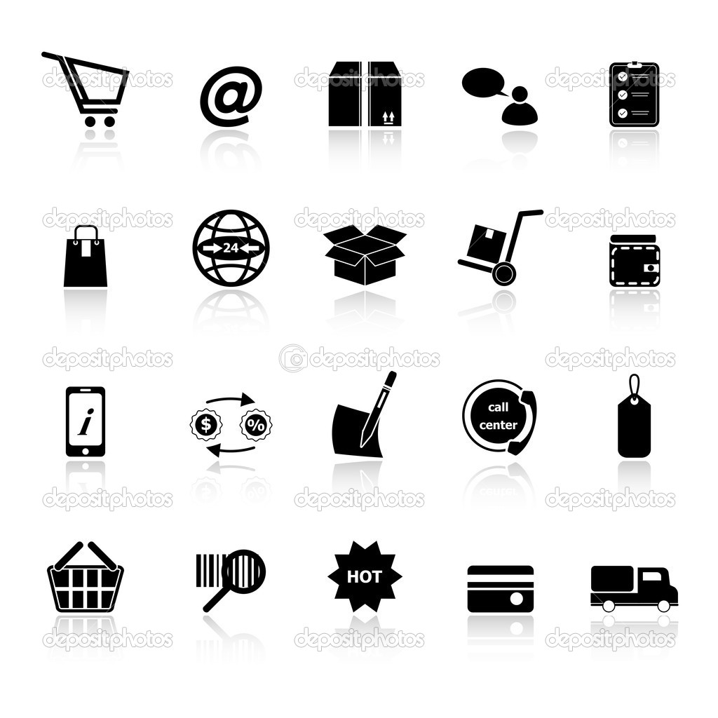 Ecommerce icons with reflect on white background 