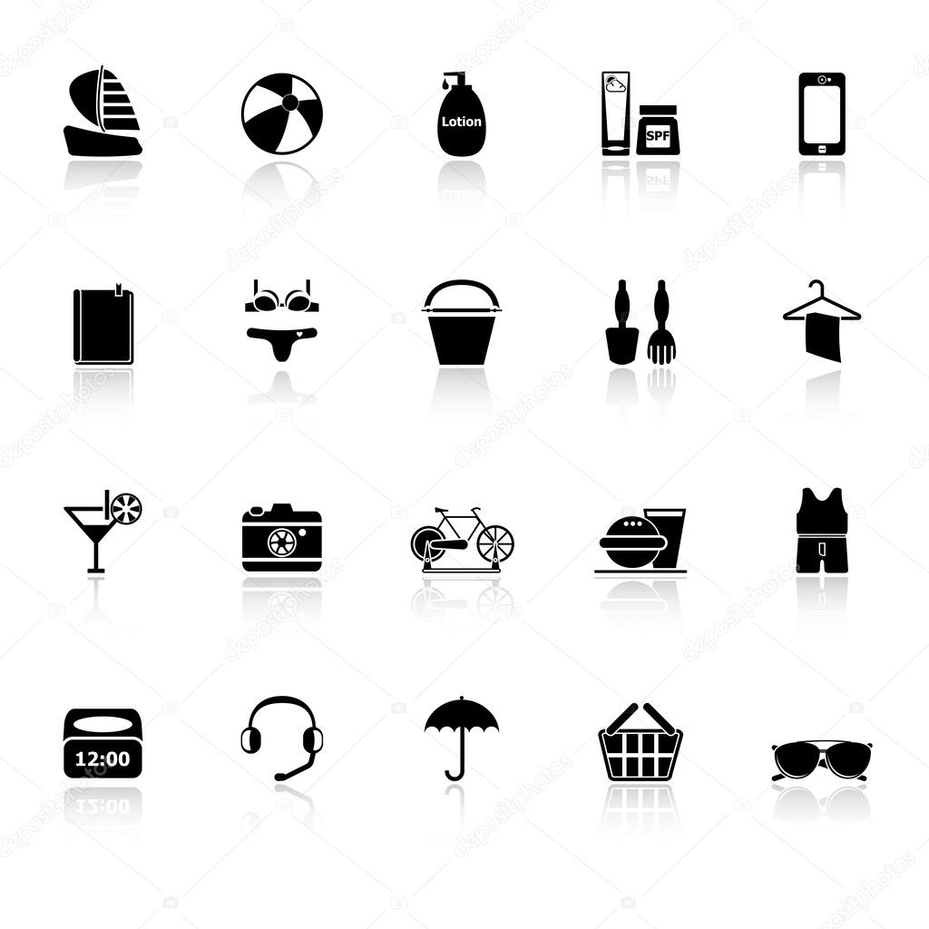 Beach icons with reflect on white background