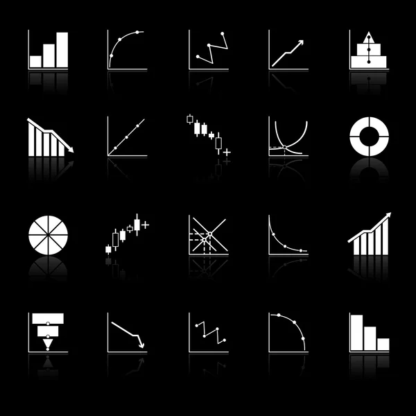 Diagram and graph icons with reflect on black background — Stock Vector