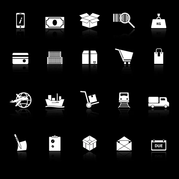 Iconos de envío con reflejo sobre fondo negro — Vector de stock