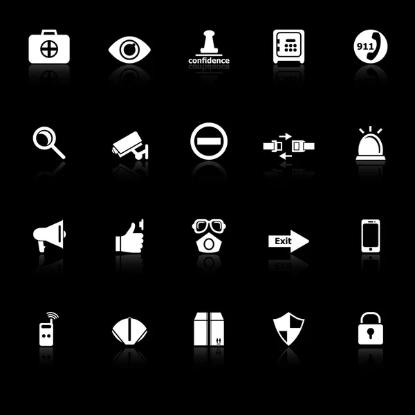 Icônes de sécurité avec réflexion sur fond noir — Image vectorielle