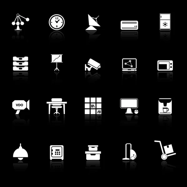 Algemene office-pictogrammen met weerspiegelen op zwarte achtergrond — Stockvector