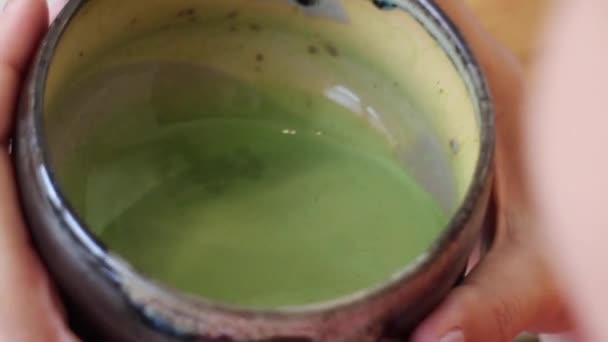 Drinking Cold Matcha Green Tea Cup Stock Footage — Stock Video