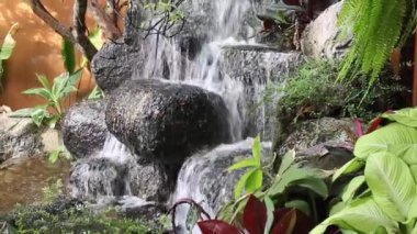 Ev bahçesinde süslemeli balık havuzu ve şelale, stok görüntüleri.