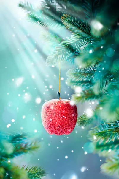 Χριστουγεννιάτικη κάρτα με κόκκινο μήλο στο κλάδο — Φωτογραφία Αρχείου