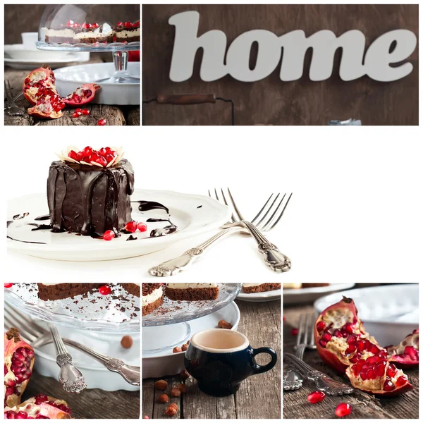 ザクロで飾られたチョコレート ケーキとコラージュします。 — ストック写真