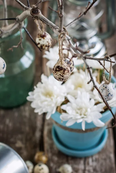 Komposition mit Wachteleiern und weißen Blüten — Stockfoto