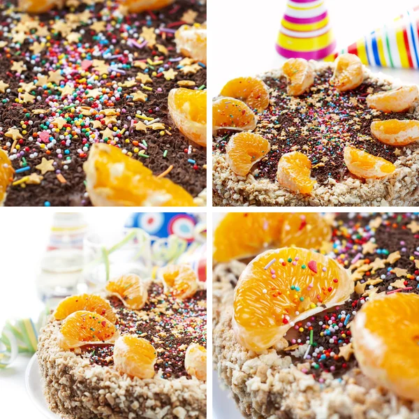 Collage mit Party-Kuchen verziert Segmente von Orangen und Schokolade — Stockfoto