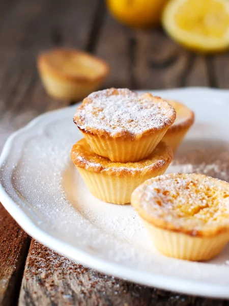 Tartlets decorated with powdered sugar on the white plate — Stock Photo, Image