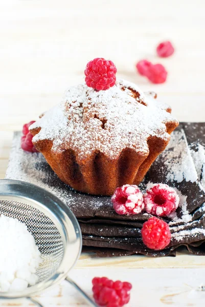 Fruitcake versierd met framboos en poedersuiker met zeef — Stockfoto