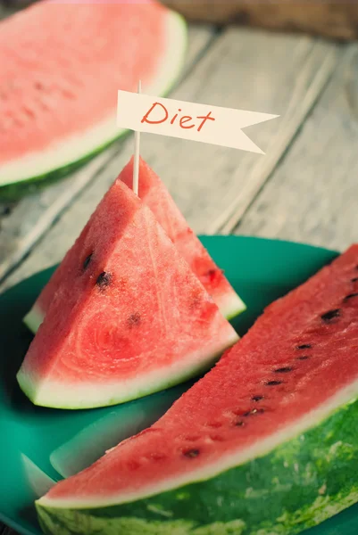 Pieces of Water-melon decorated with word Diet — Stock Photo, Image