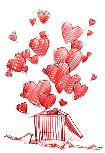 Caixa de desenho de esboço com corações, isolado em branco — Fotografia de Stock