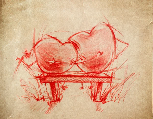 Dvě červené srdce sedí, skica, kresba — Stock fotografie