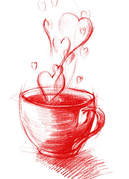 スケッチを描く心とお茶のカップ — ストック写真