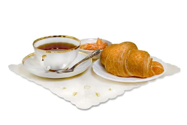 Croissant, jam and tea — Stock Photo, Image