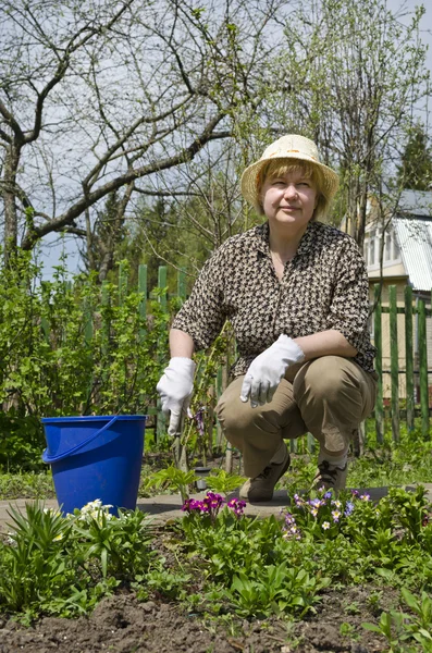 Lente werkt in een bloem bed — Stockfoto