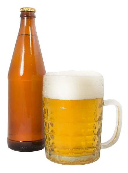 Bottle of beer and a full beer mug — Stock Photo, Image