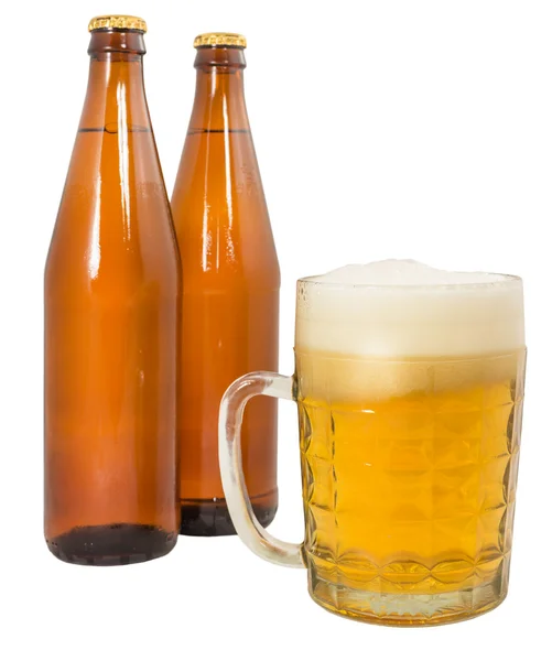 Two bottles of beer and a full beer mug — Stock Photo, Image