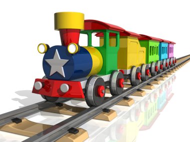 oyuncak tren ile çok renkli arabalar. 3D render