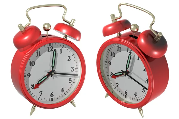 Czerwony alarm clock - kąt 1 i 2. 3D render — Zdjęcie stockowe