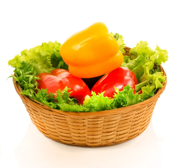 Colorful sweet peppers are in a basket with lettuce — Stock Photo, Image