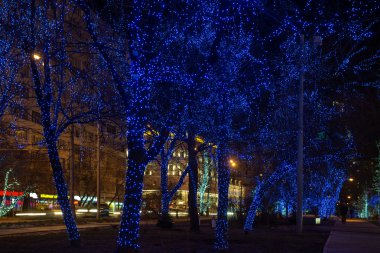 eski Moskova sokaklarında ağaçlarda aydınlık çelenk