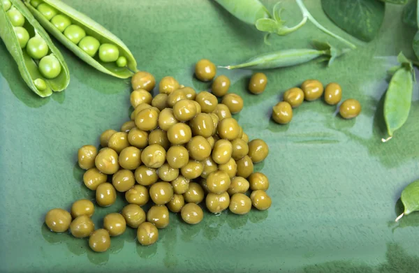 Boiled green peas, pods and branches — Stock Photo, Image
