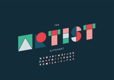 Biçimli sanatçı alfabesi, yazı tipi, vektör illüstrasyonu