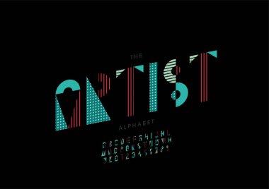 Biçimli sanatçı alfabesi, yazı tipi, vektör illüstrasyonu